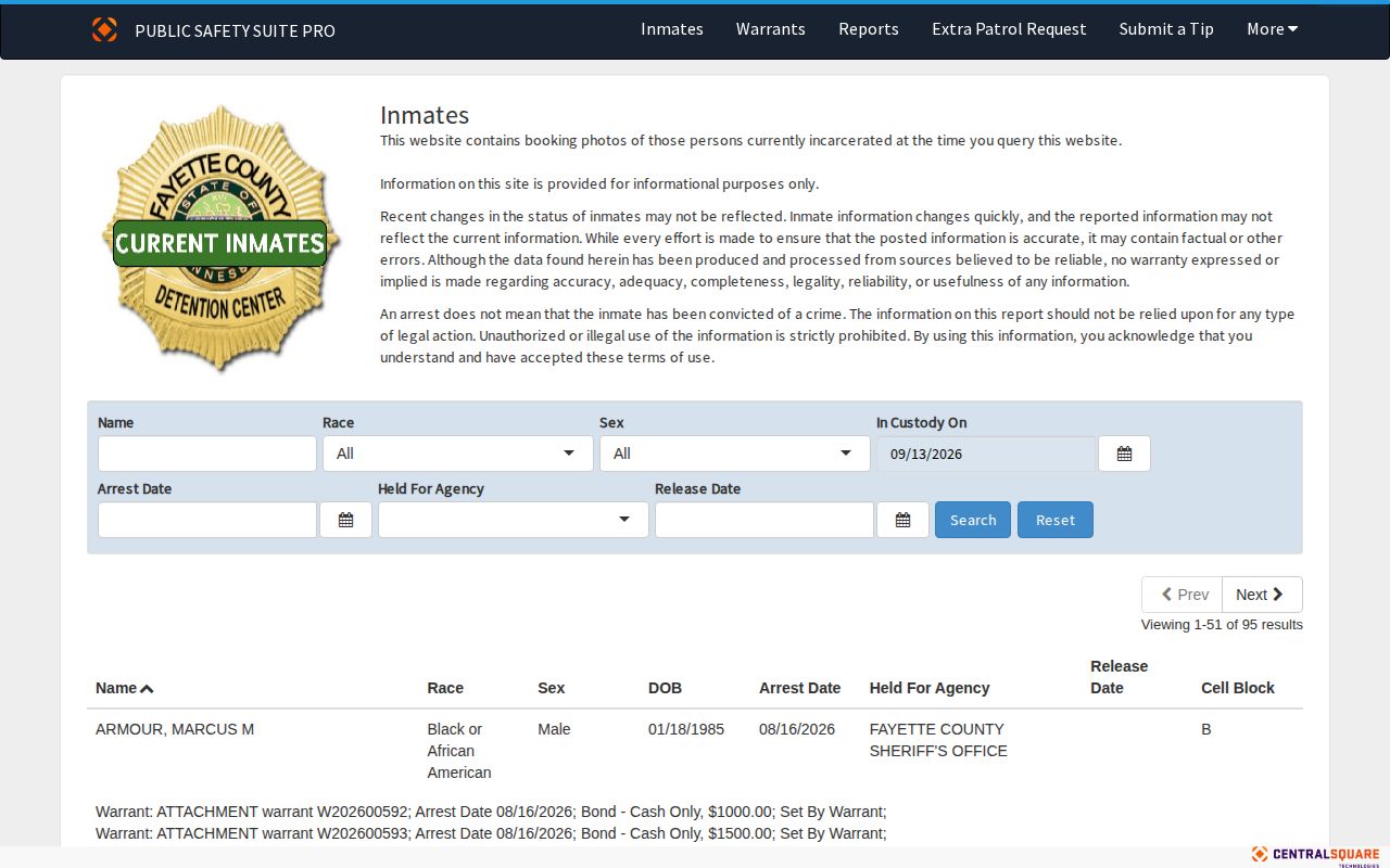 Fayette County recent arrest roster search interface